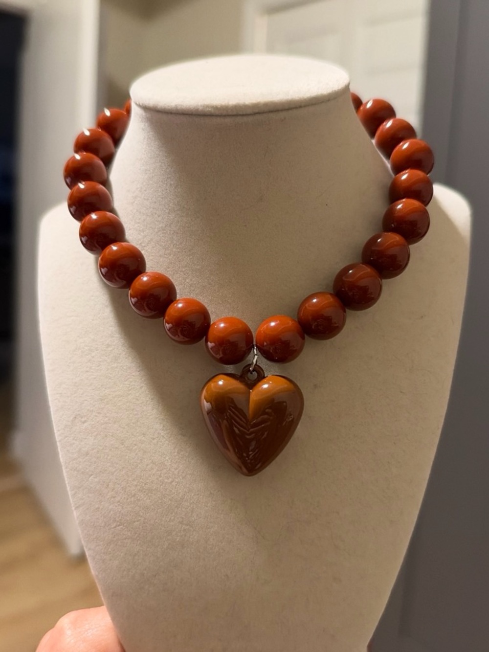 Polished Brown Bead Necklace with Heart Pendant